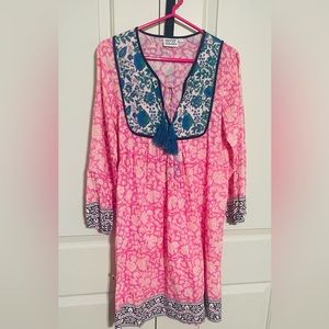 SZ Blockprints Pink Blue Floral Block Print Bohemian Peasant Dress size small